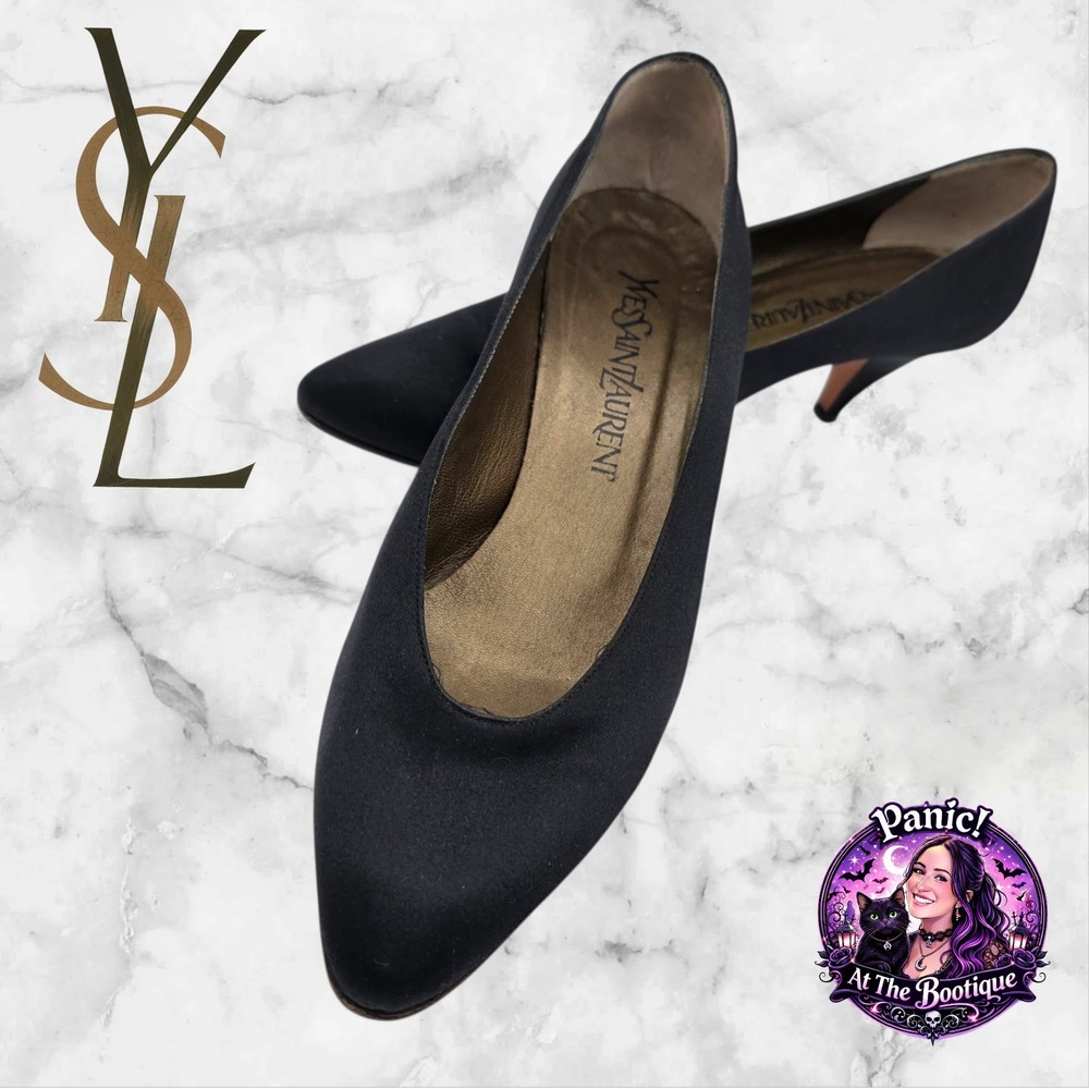 Vtg Yves Saint Laurent YSL Black Kitten Heels Women 7.5 Designer Italian Leather